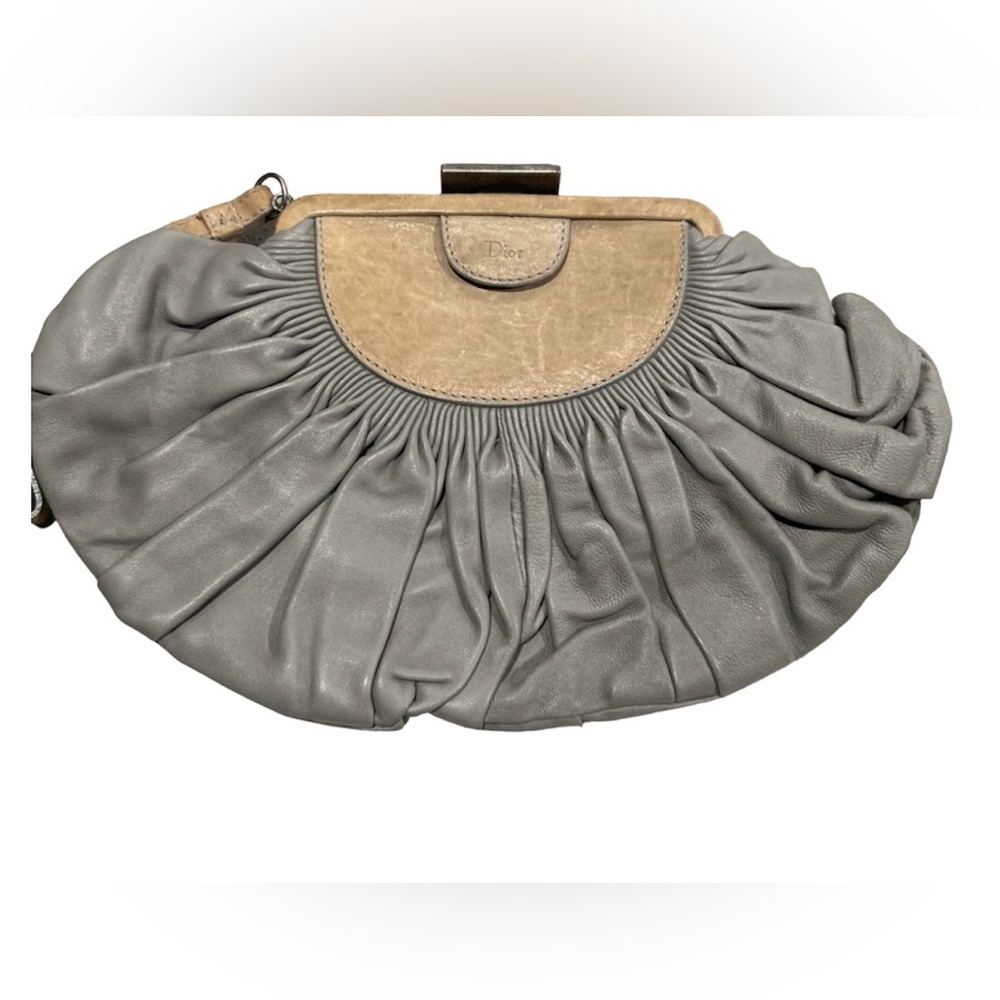 Christian Dior Gray Pleated Leather Frame Clutch